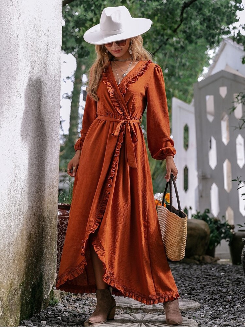 Western Simplee Rust Orange Ruffle Lace Wrap Maxi Dress Boho L fall feminine